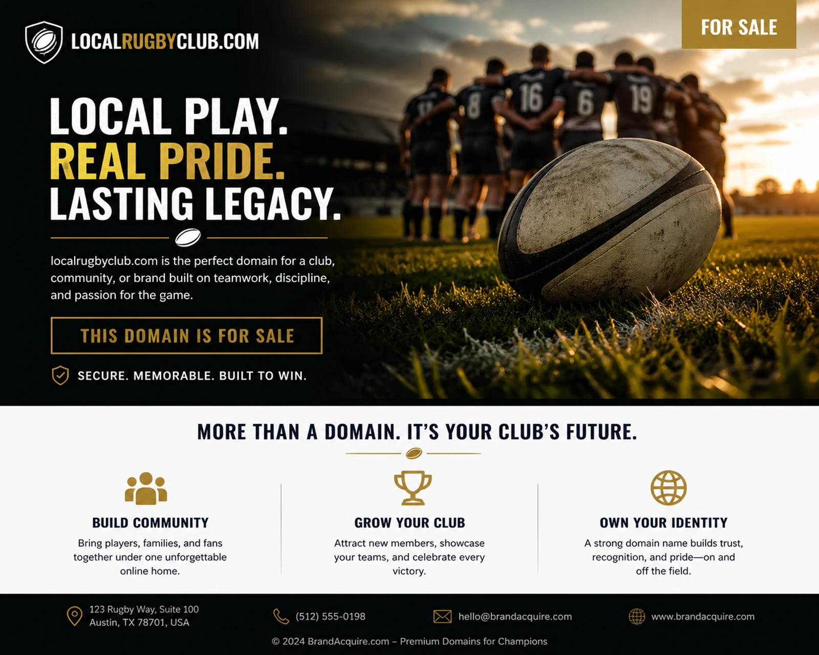 Rugby ball on grass with rugby players huddled at sunset representing localrugbyclub.com as a premium rugby domain